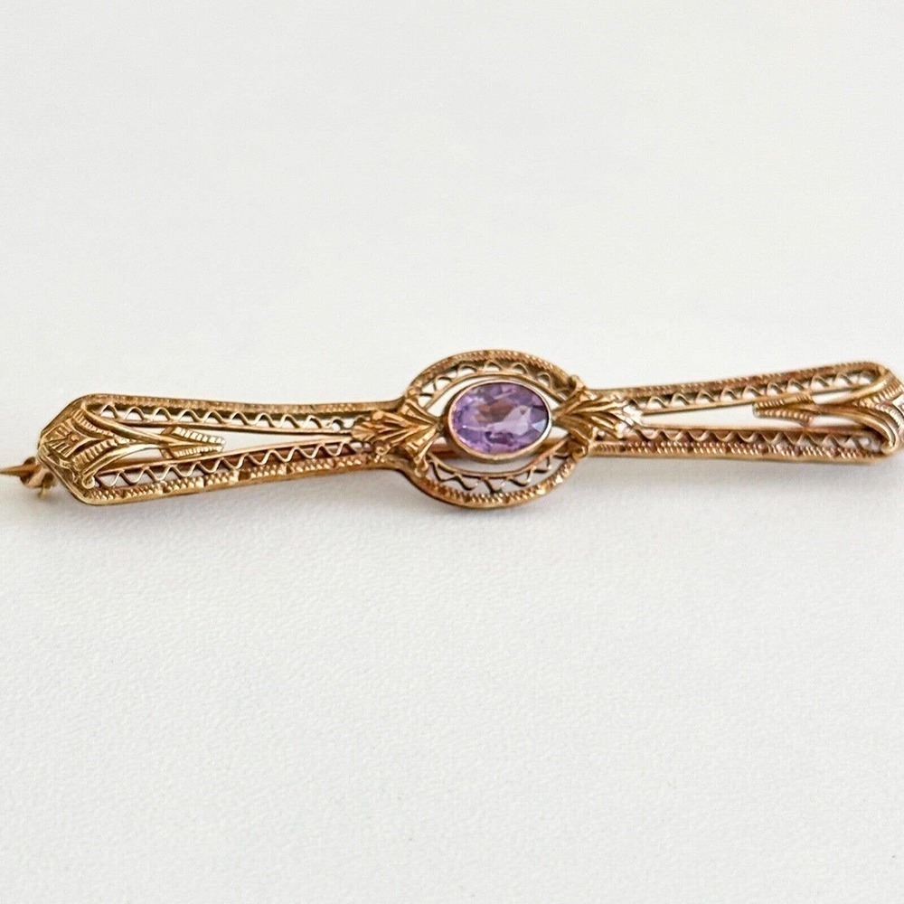 Antique 14K Solid Yellow Gold Intricate Design Detailed Amethyst Bar Brooch Pin